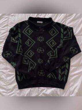 Gosha Rubchinskiy Men's Black and Dark Green Geometric Polo Sweater
